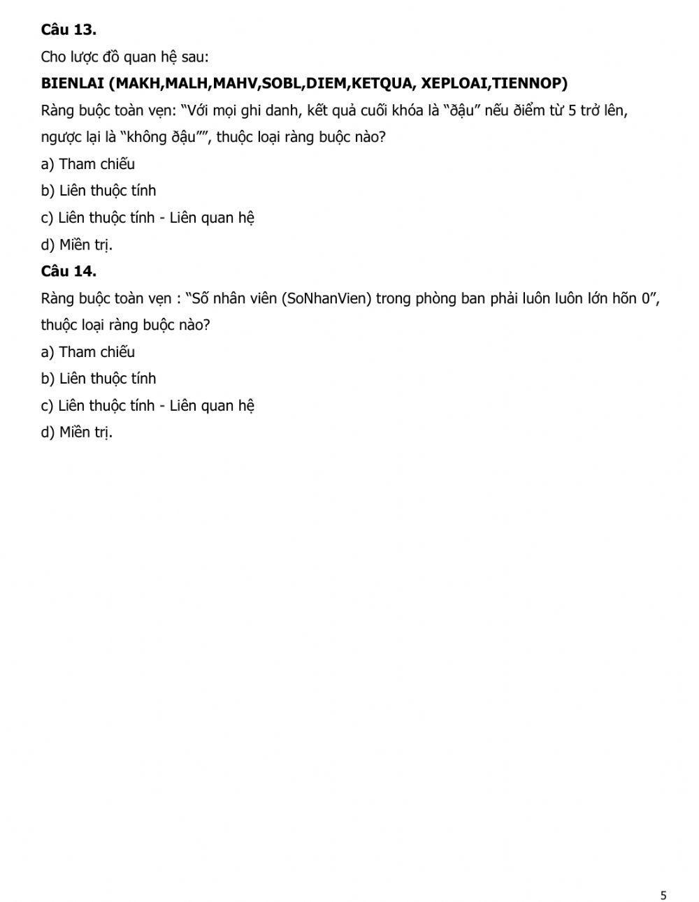 BÀI TẬP VỀ RÀNG BUỘC TOÀN VẸN