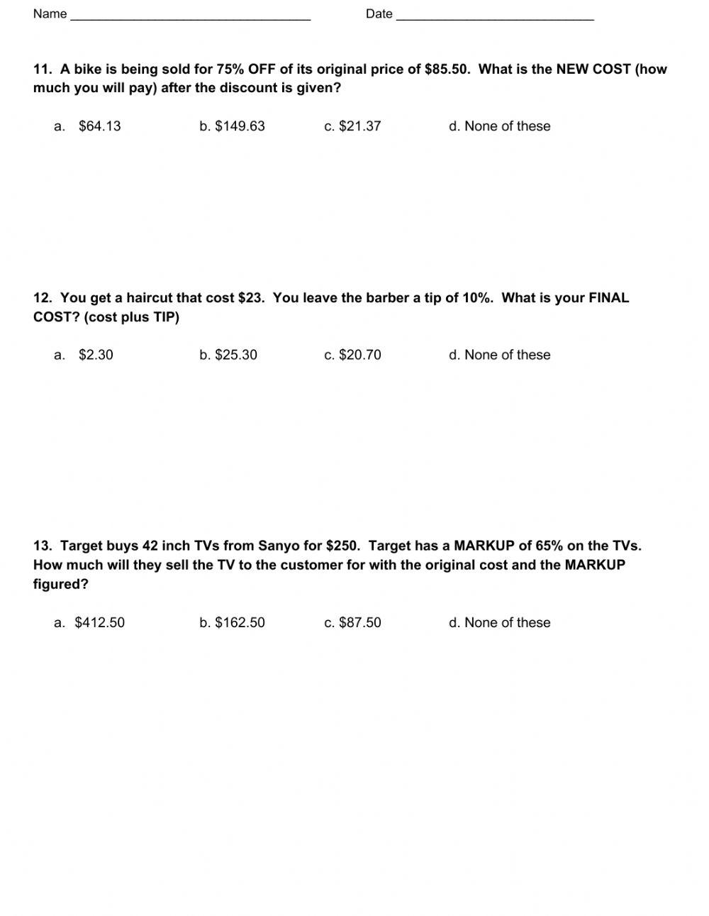 7 rp 3 Quiz part 1 Tax Tip Markup Discount online exercise for Live