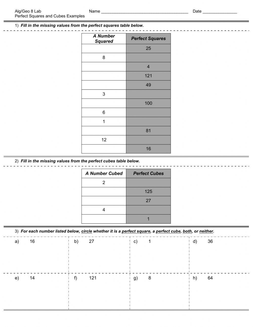 Perfect Squares and Cubes Examples online exercise for Live Worksheets