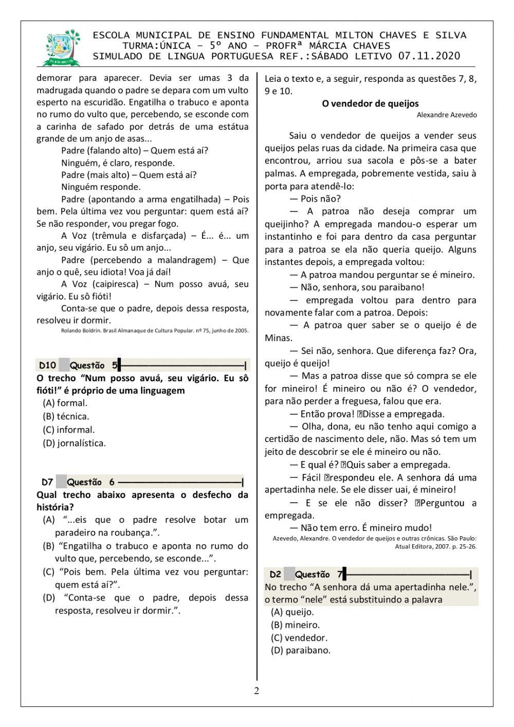 Simulado LP D:15,12,9,3,10,7,14,2,1,13.