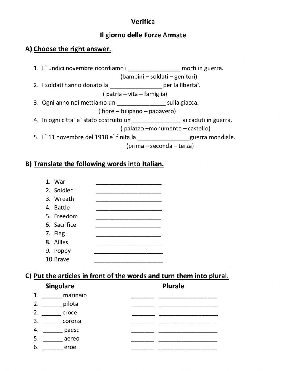 Verifica La giornata delle Forze Armate