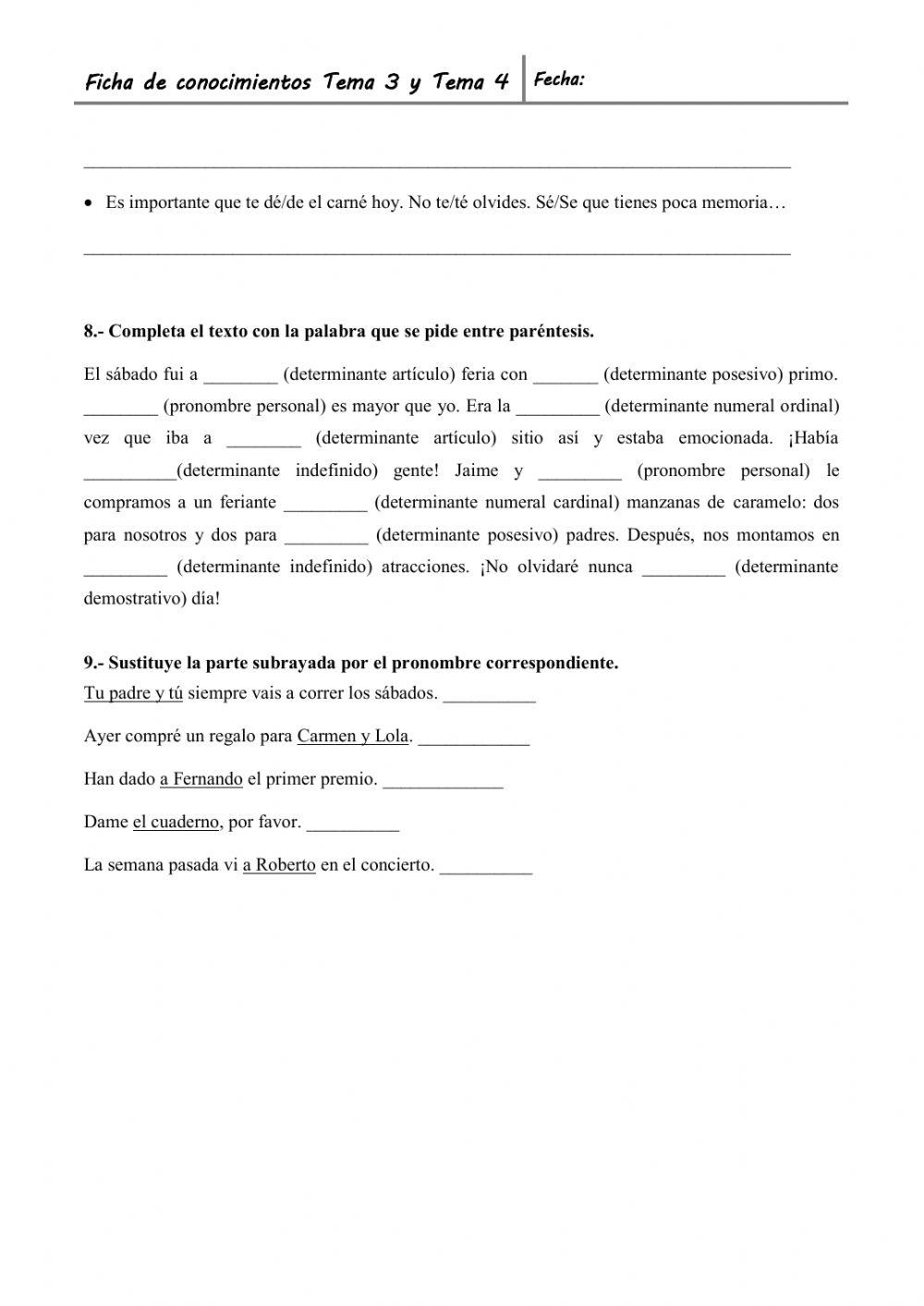 Repaso contenidos temas 3 y 4 de lengua castellana