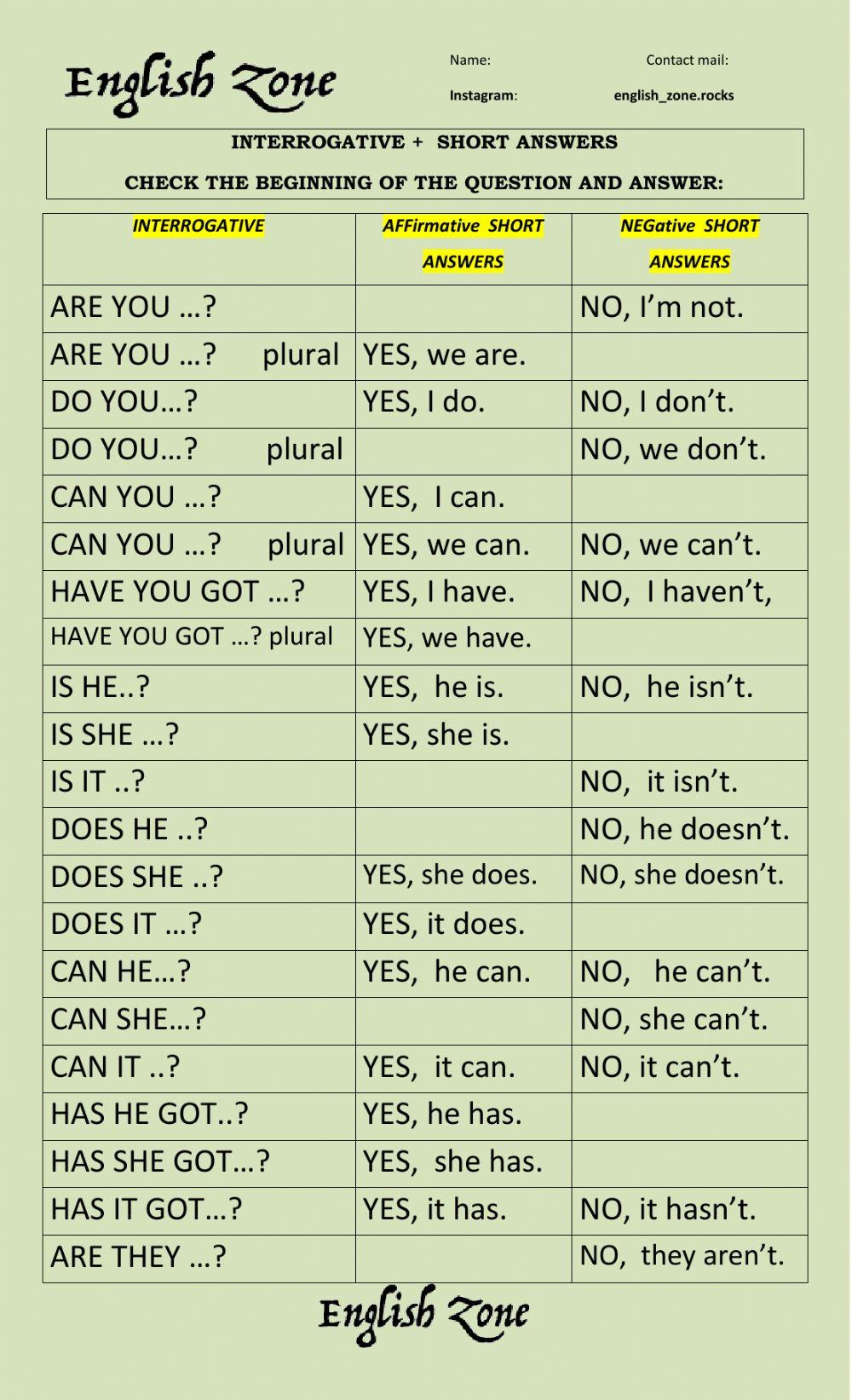 Interrogative +  short answers - grammarrocks