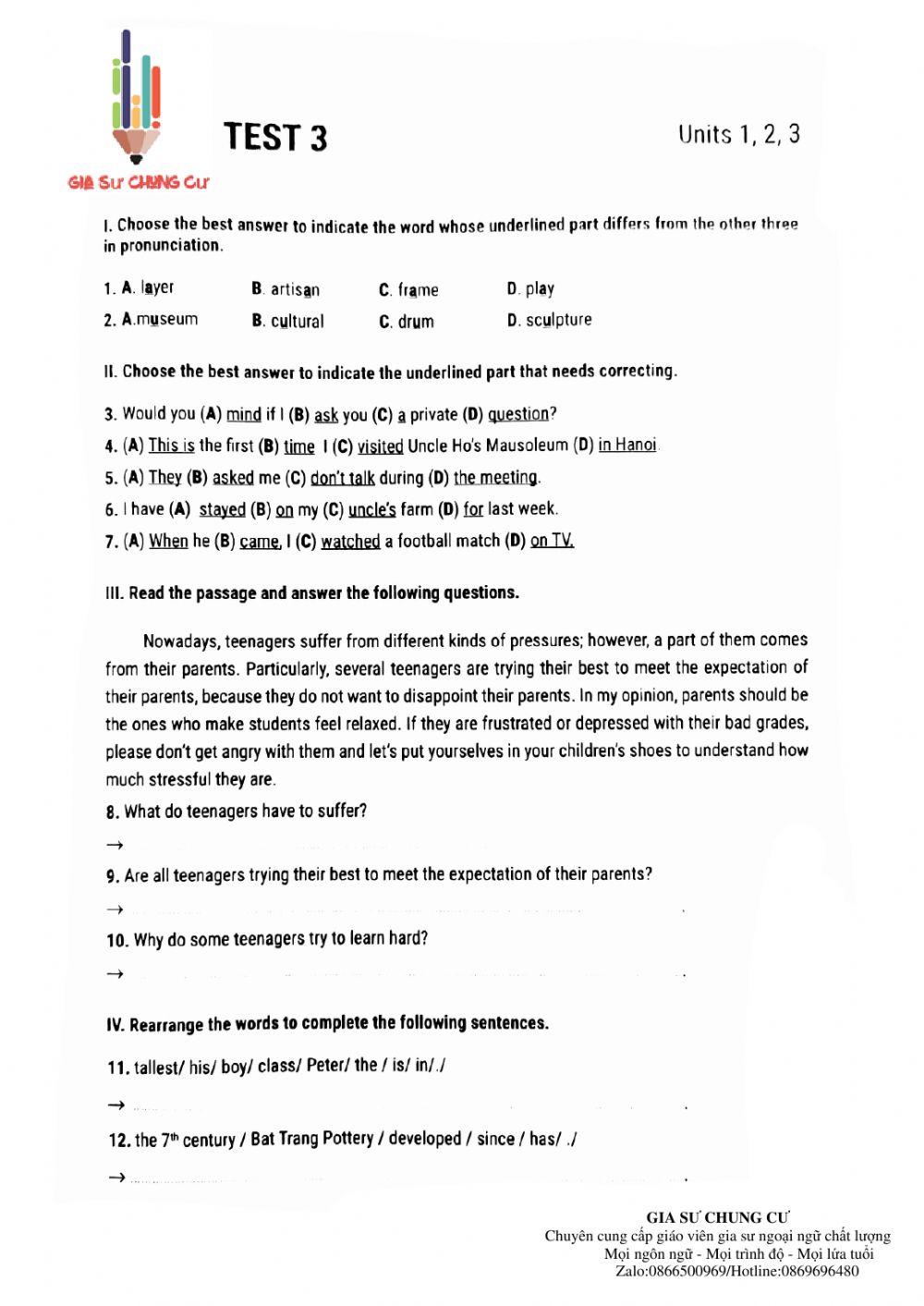 Lớp 9 - Kiểm tra 15' (test số 3)