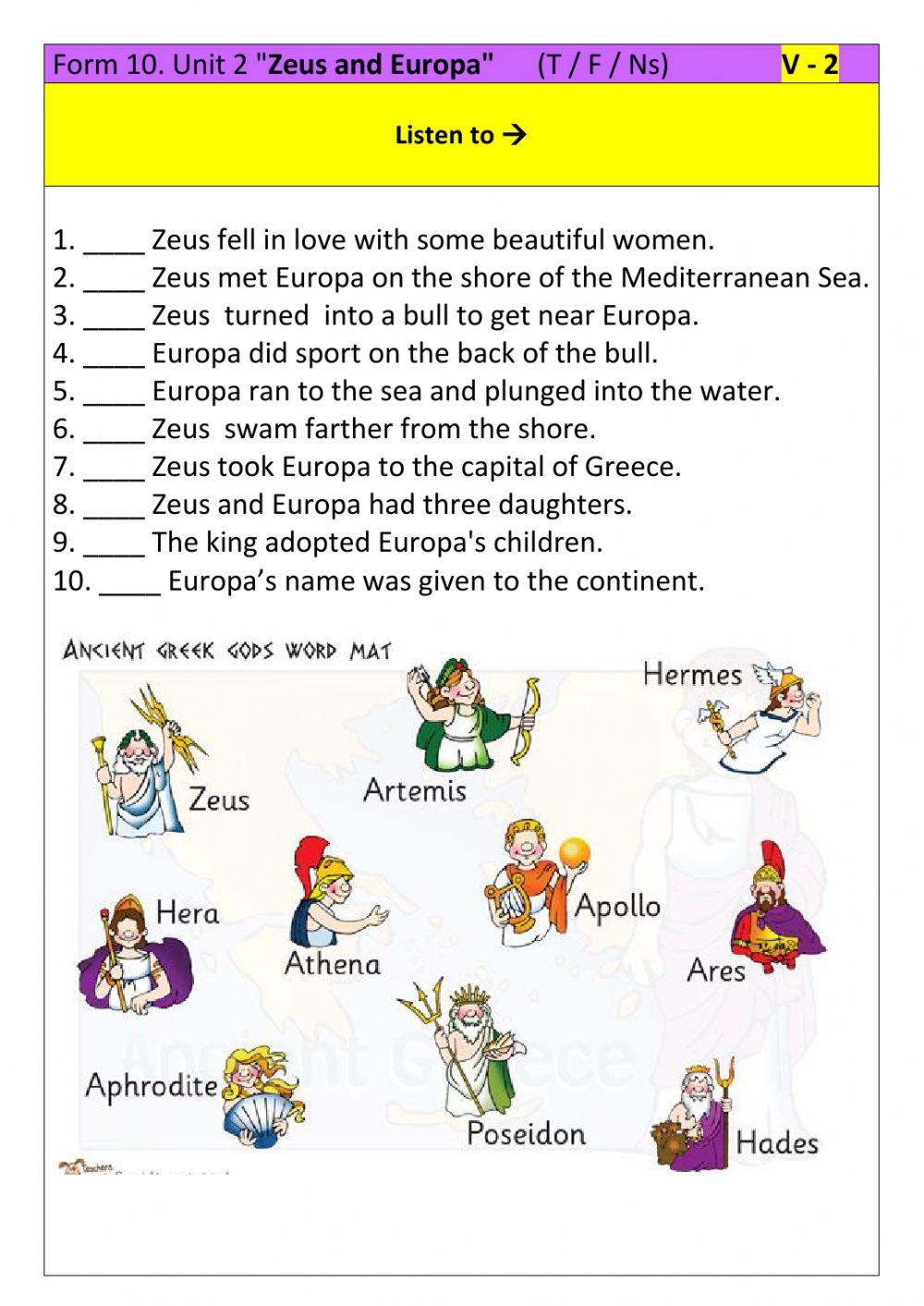 Form 10. Unit 2. Listening -Zeus and Europa-. V - 2