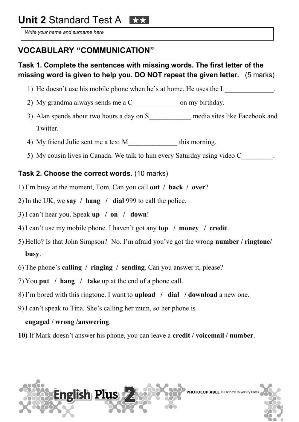 English+ Level 2, Vocabulary Test Unit 2 online exercise for | Live ...