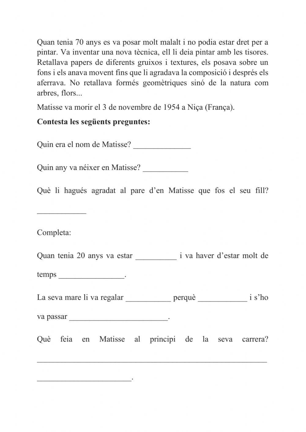 Comprensió lectora Matisse