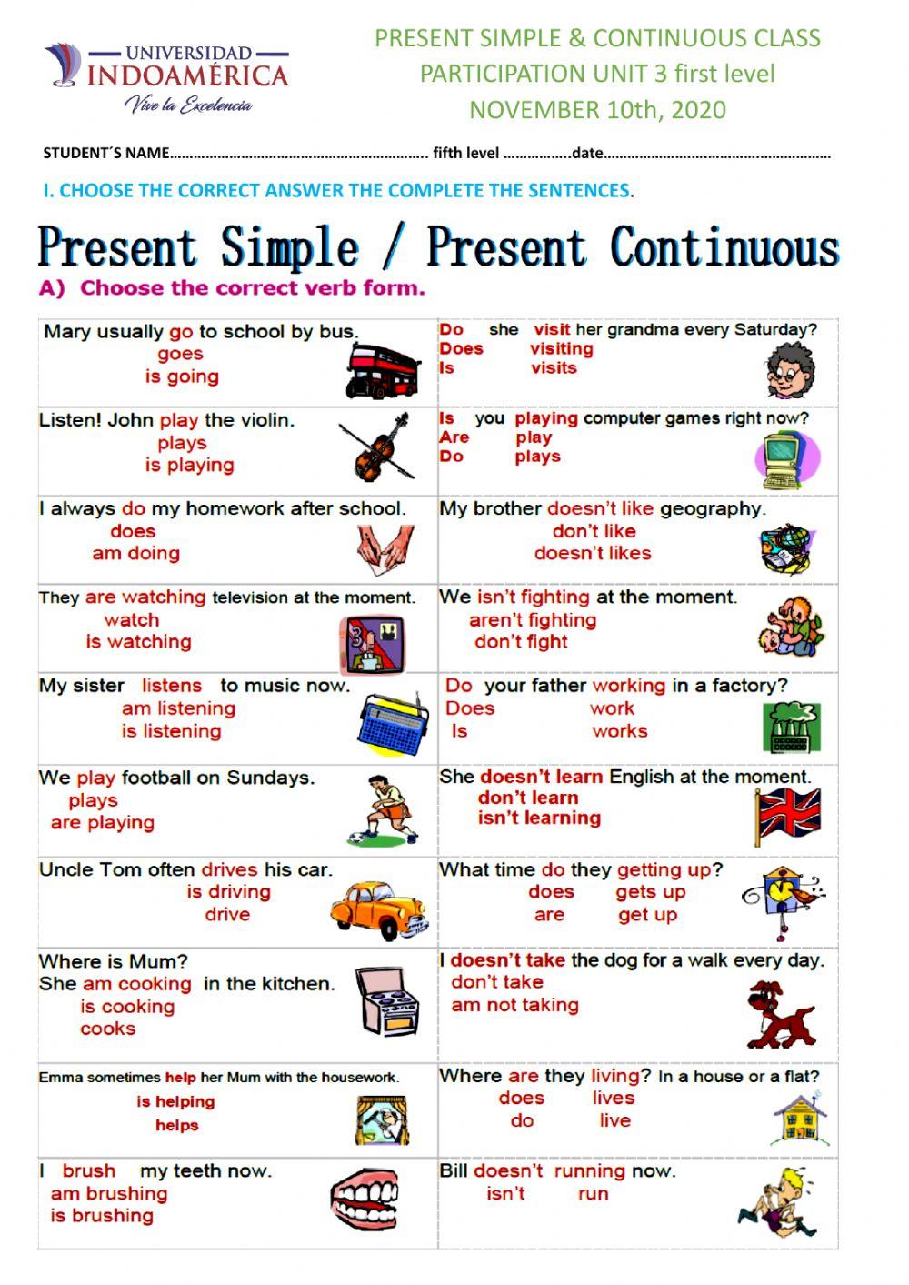 SIMPLE PRESENT AND CONTINUOS TENSE WORKSHEET 1