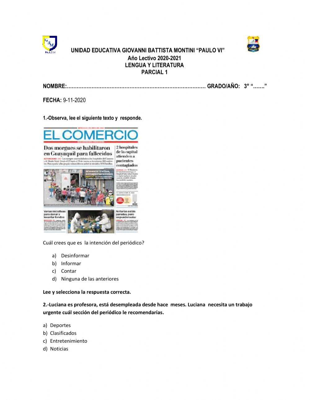 Evaluación parcial 1- Lengua y Literatura