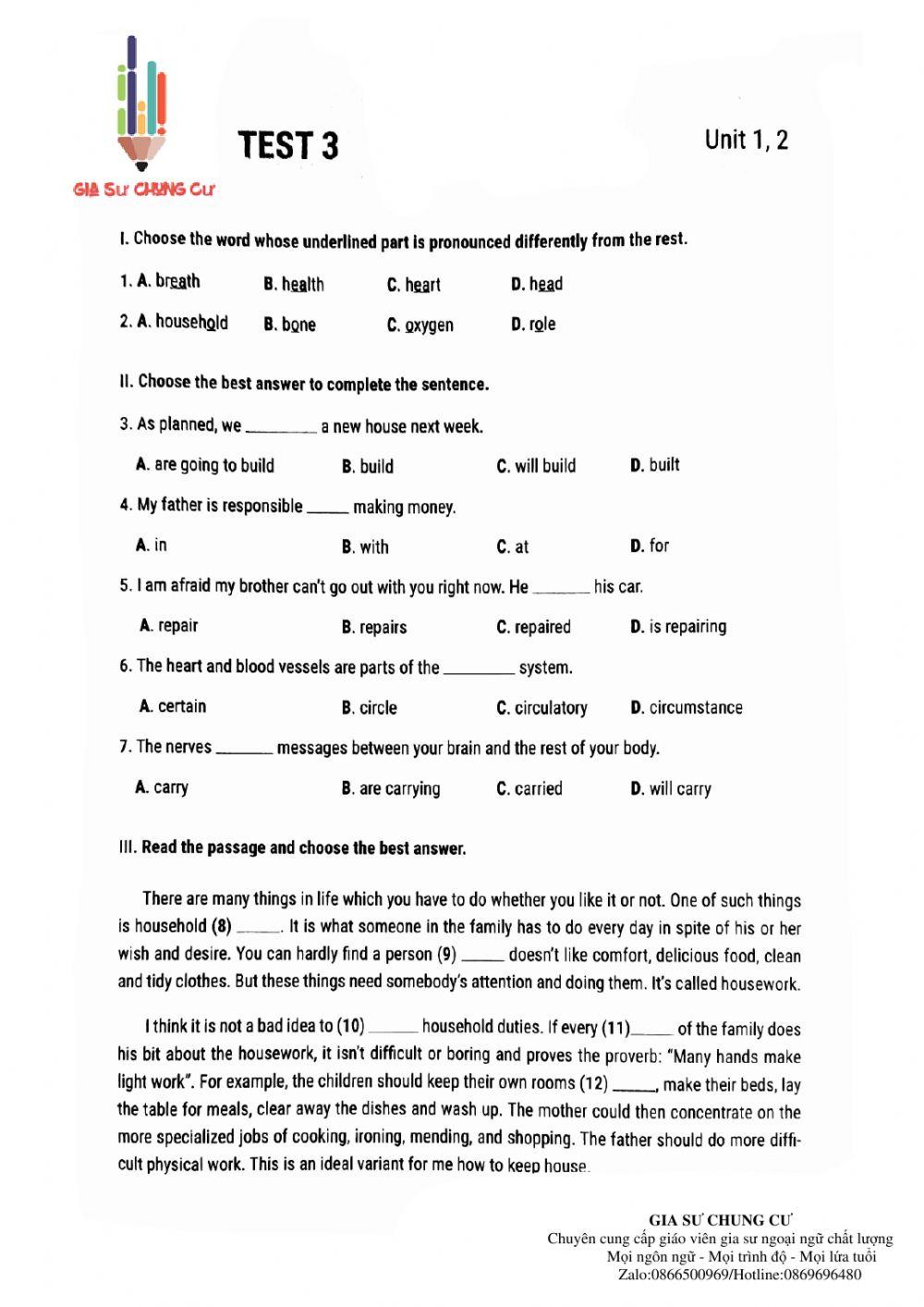 Lớp 10 - Kiểm tra 15 phút (test 3 luyện giải)