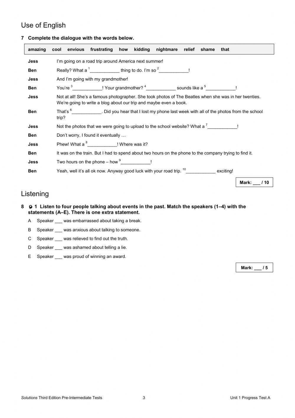 Solutions Pre-intermediate unit 1 TEST