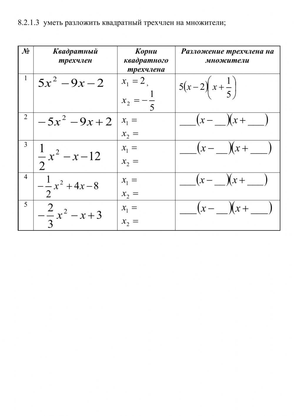 Разложение квадратного трехчлена на линейные множители