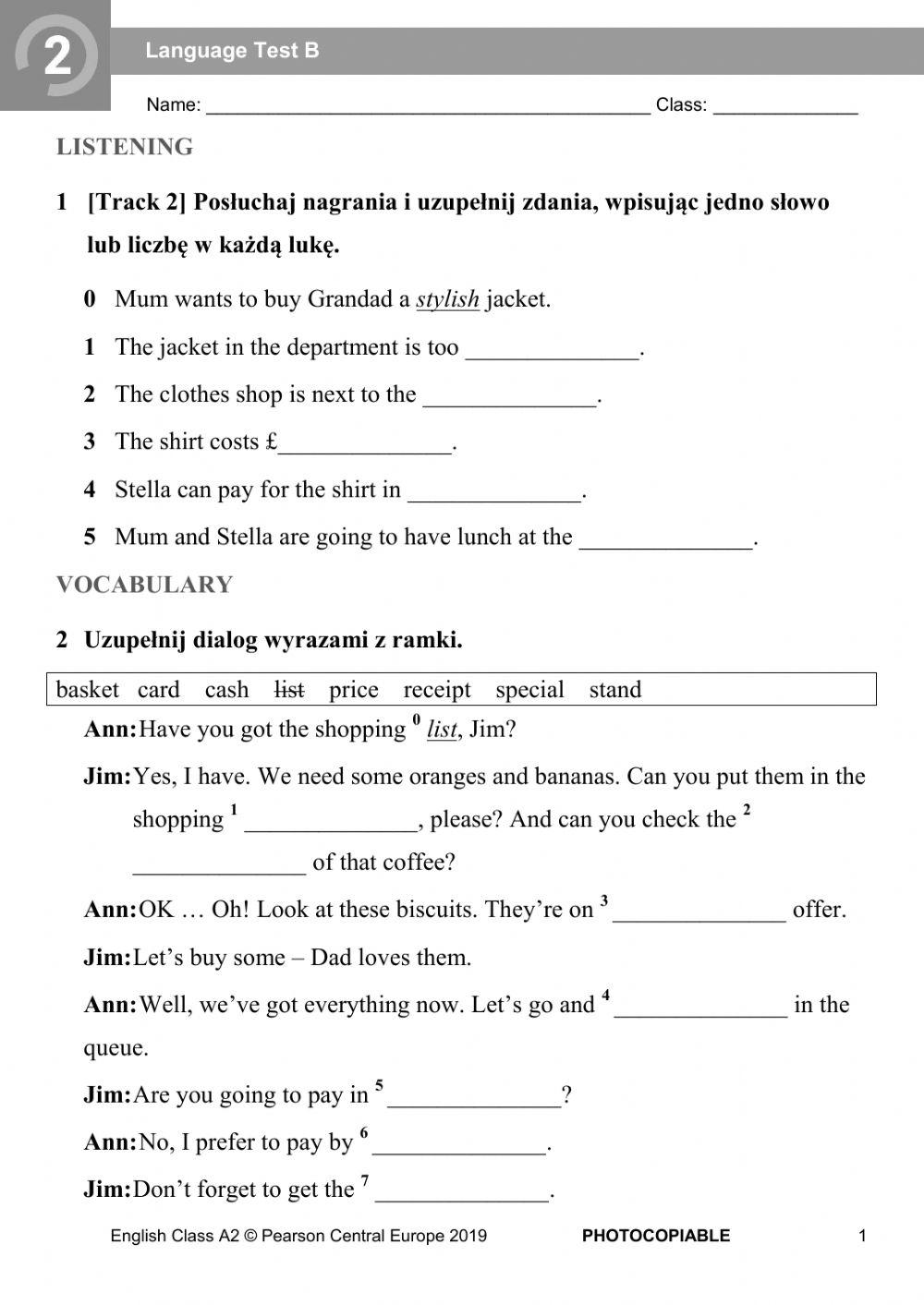 English Class A2 unit 2 test B 6213581 | Joanna Drajewicz