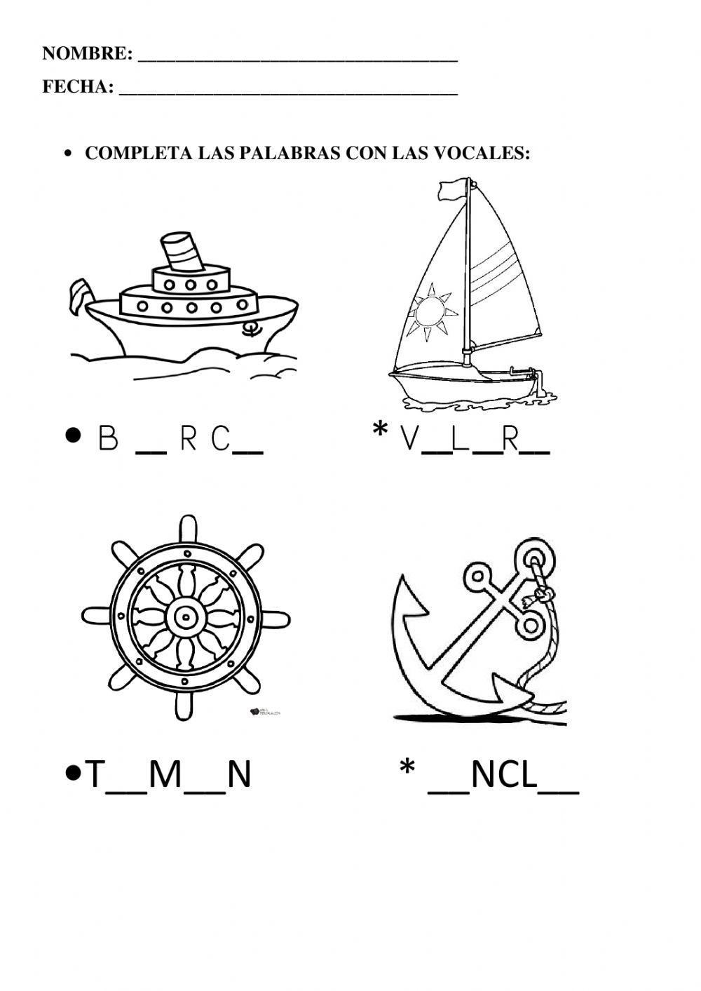 COMPLETA CON LAS  VOCALES (vocabulario barco)