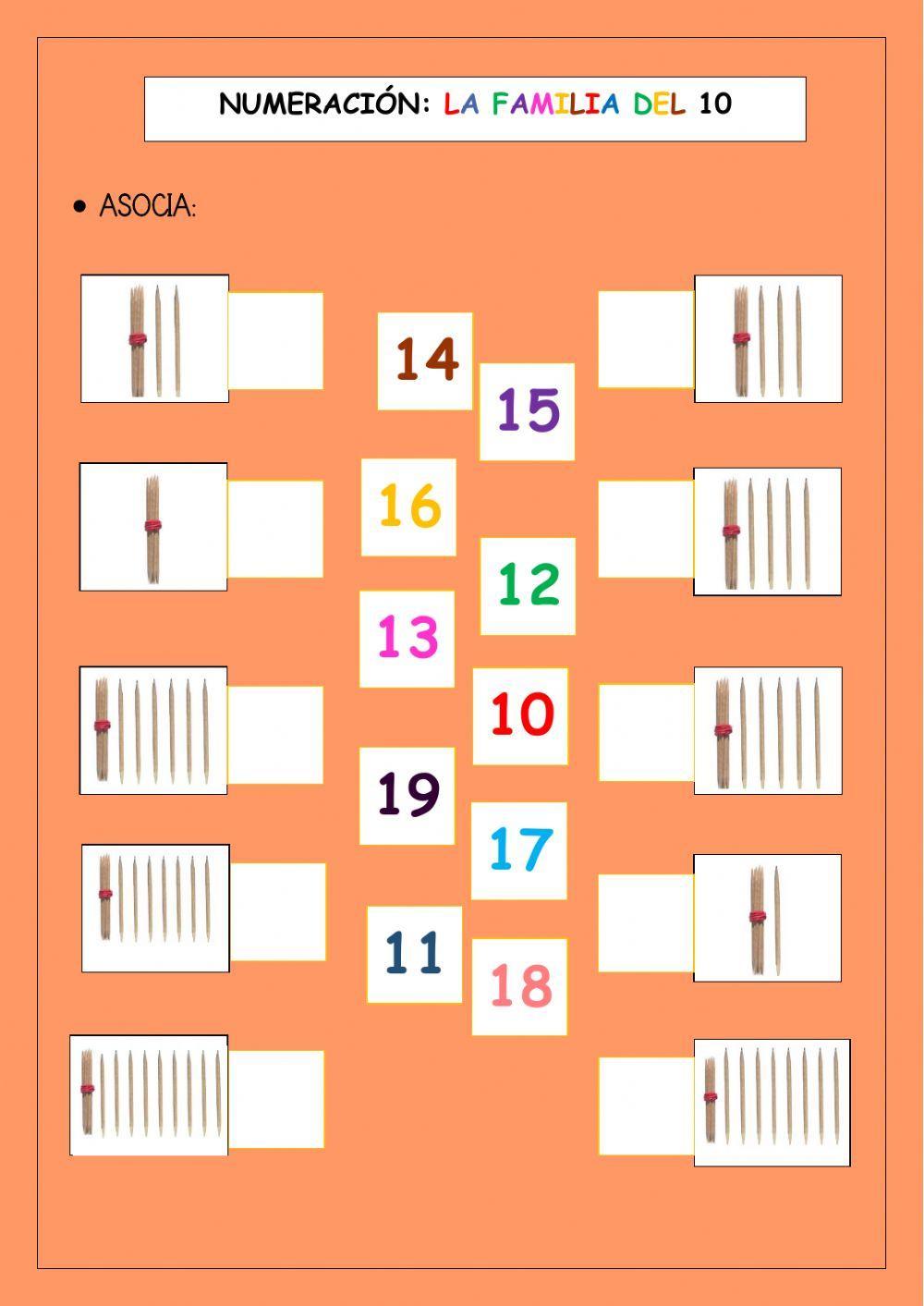 Asocia número-cantidad del 10 al 19 (representación ABN)