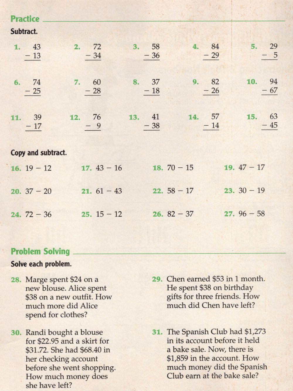 Subtracting 2 digit grade 4