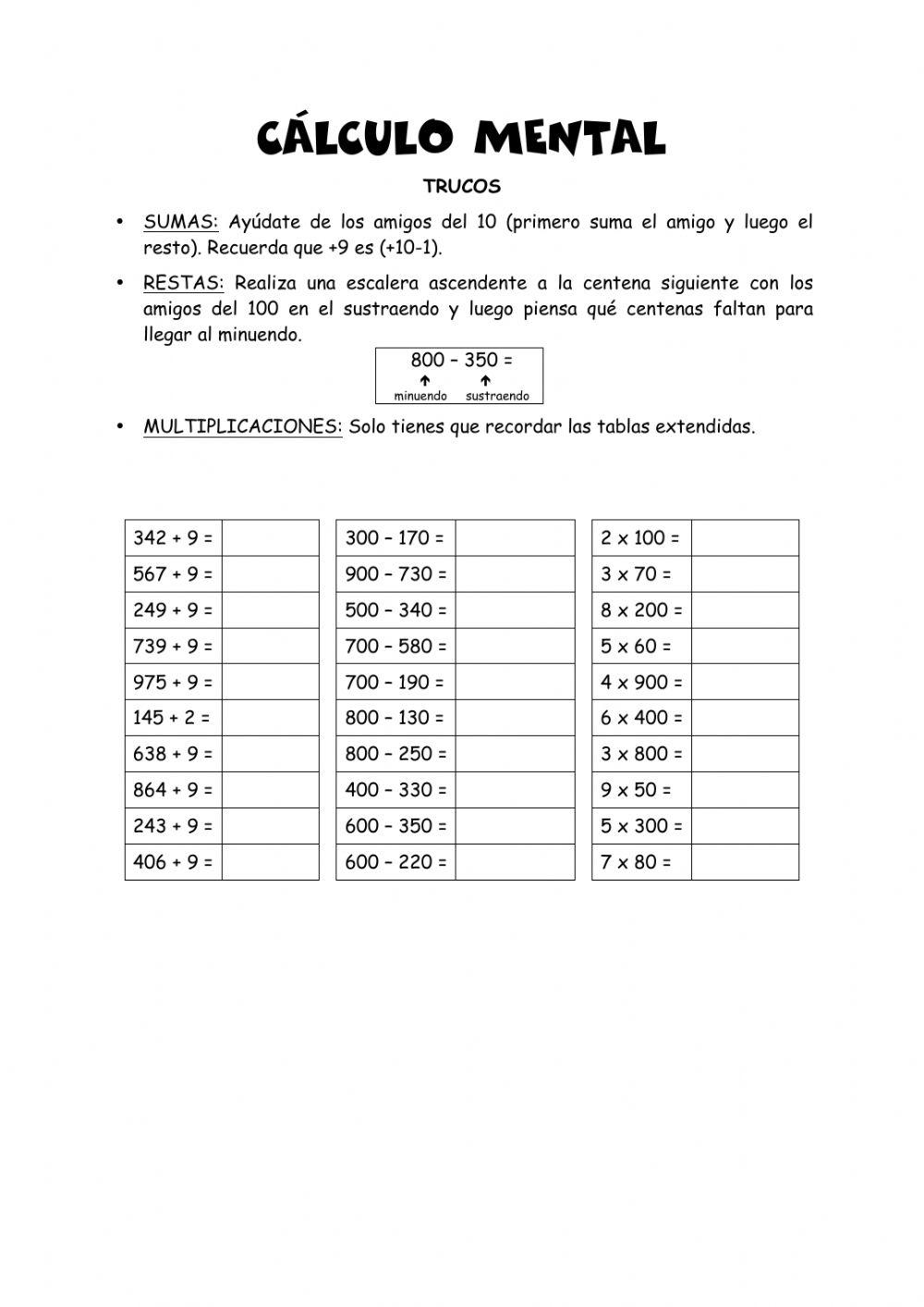 Cálculo mental 2: sumas, restas y multiplicaciones