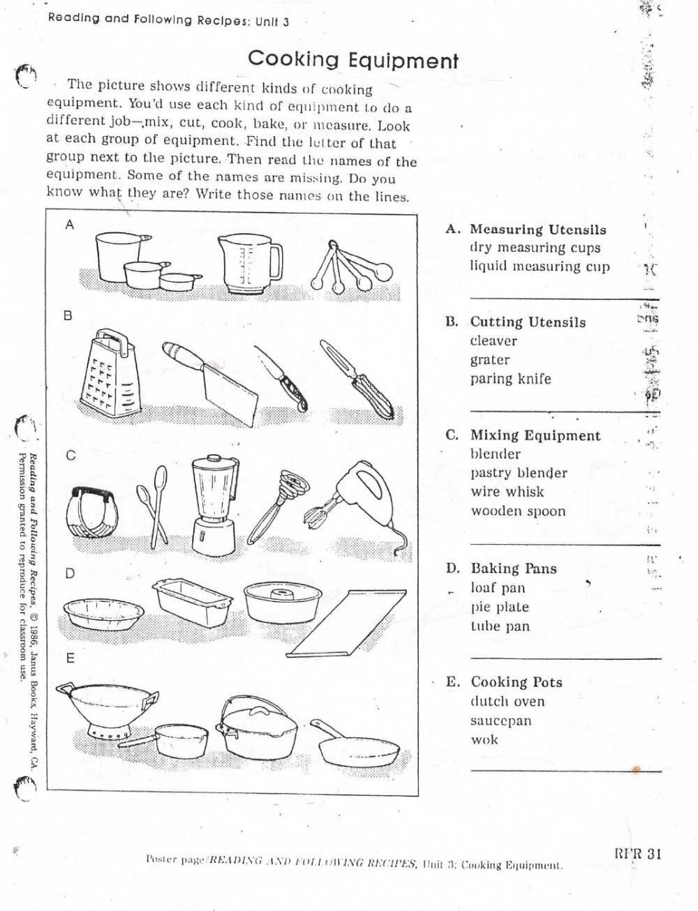 Cooking equipment online exercise for live worksheets