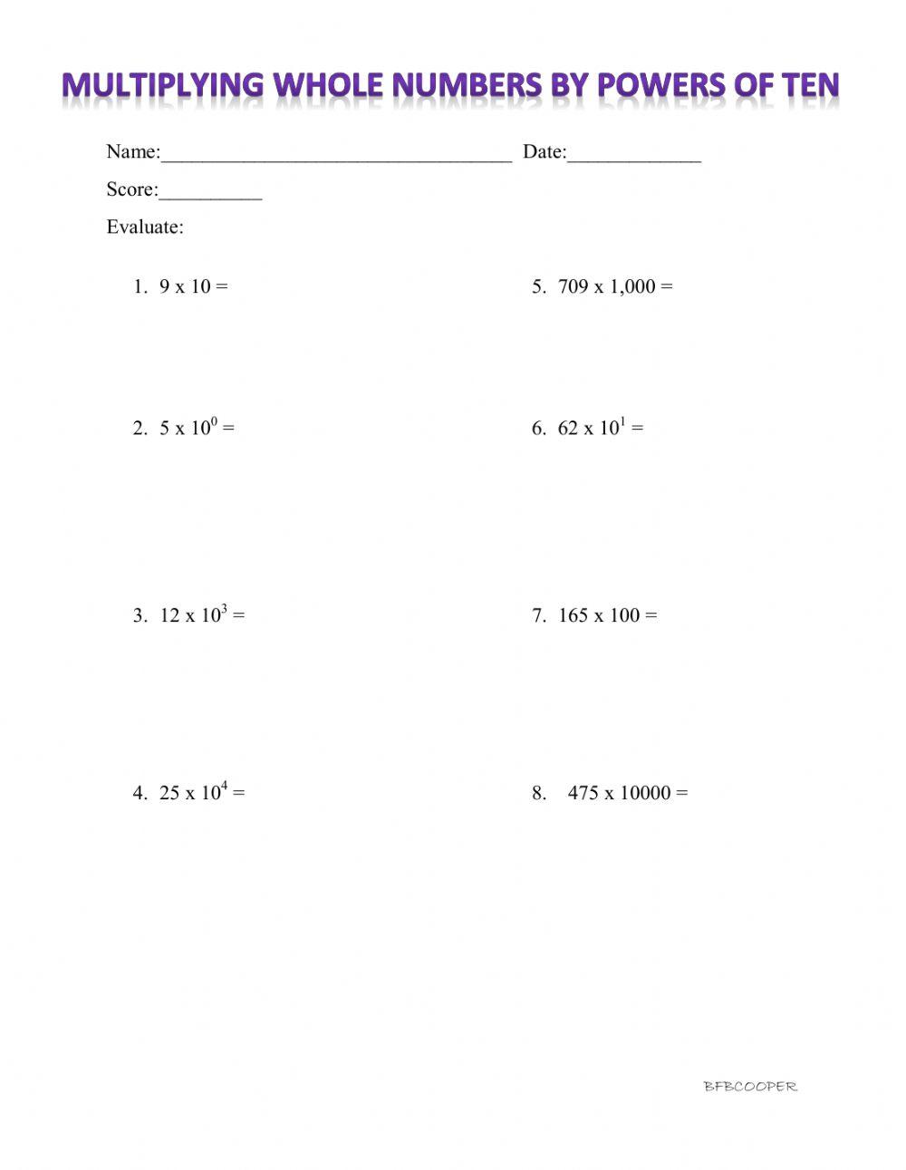 Multiplying Whole Numbers by Powers of Ten online exercise for Live Worksheets