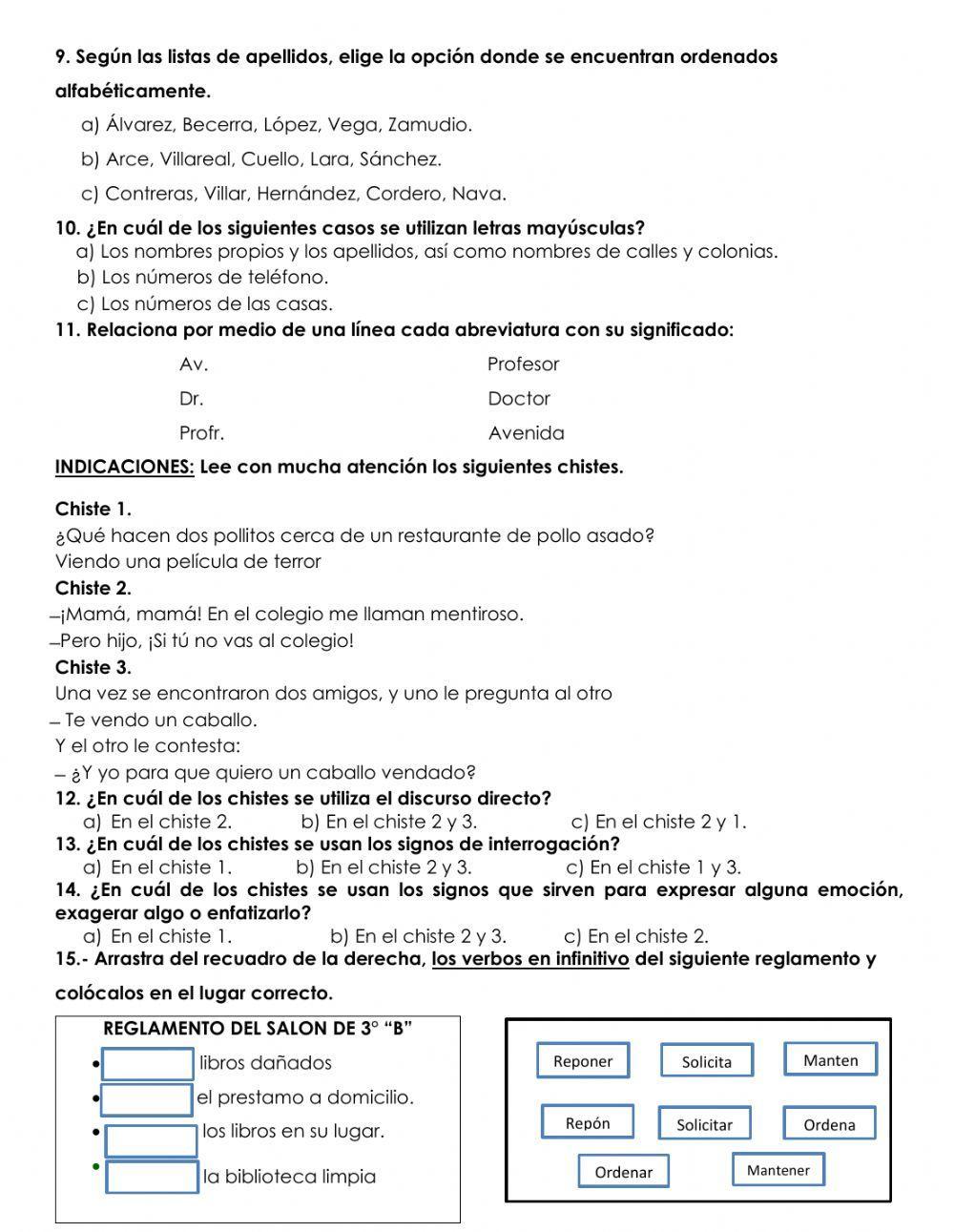 Examen Español Tercer grado