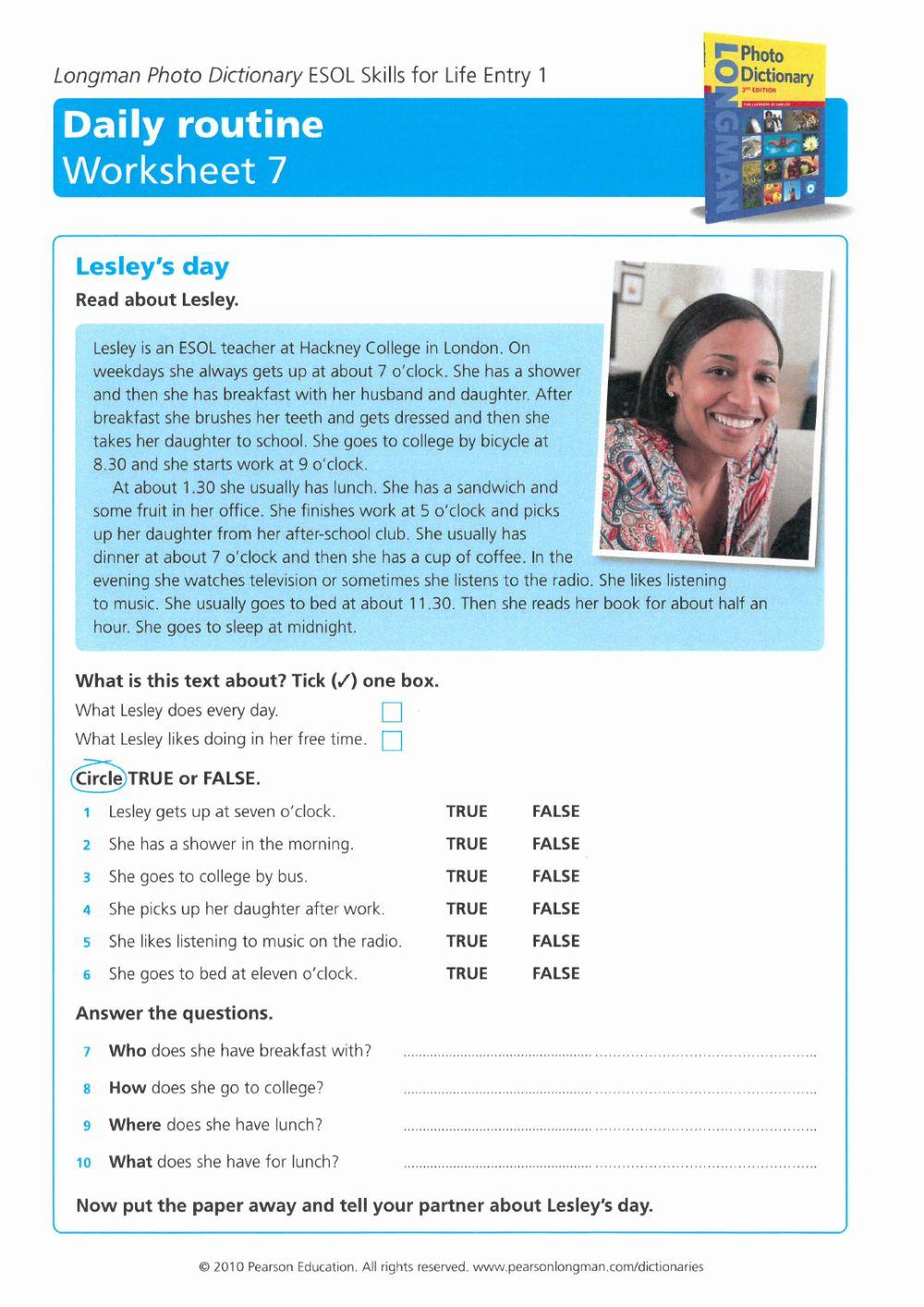 E1 Daily routine worksheet 5-8 longman photo dic 