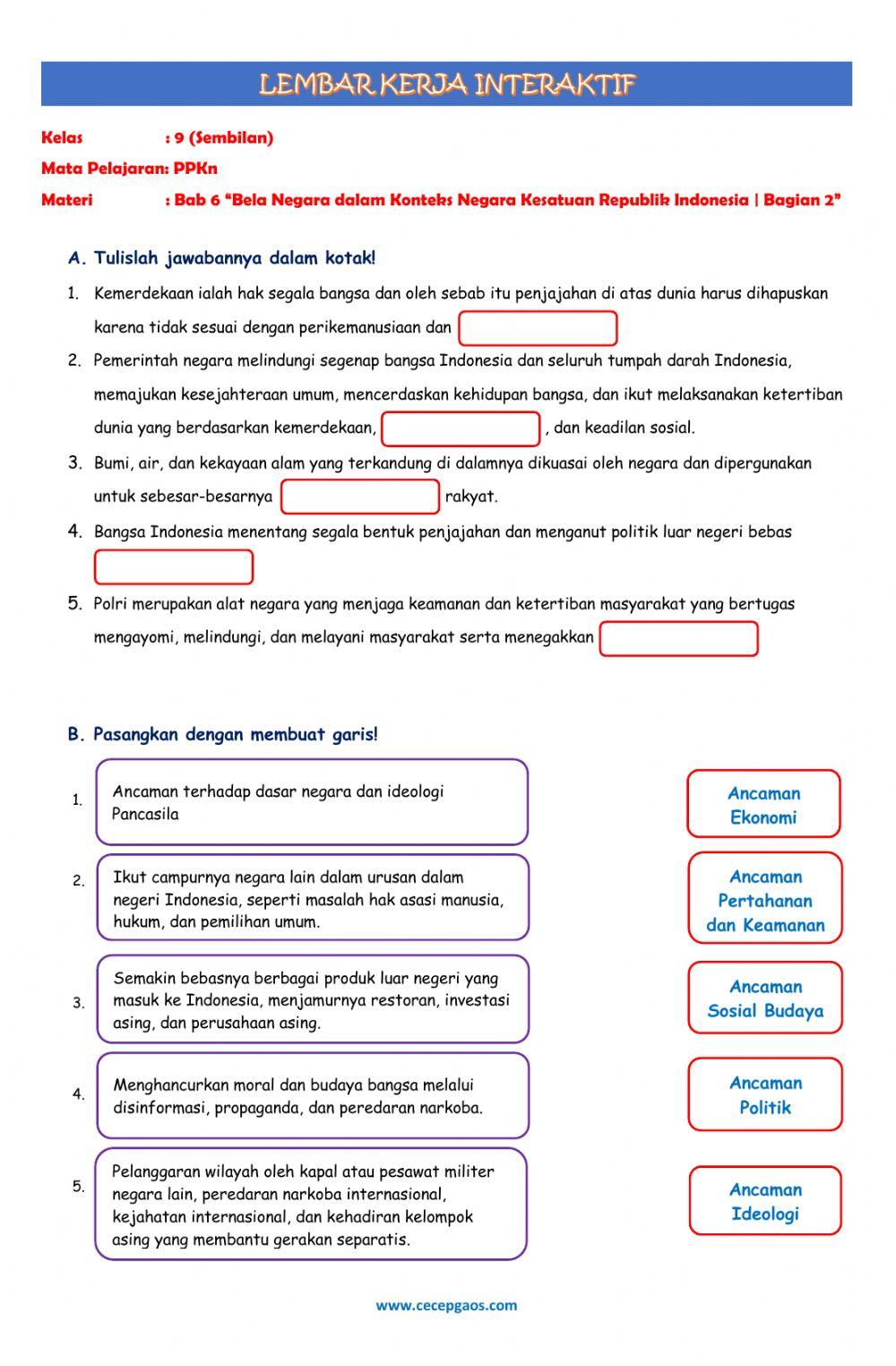 Lembar Kerja Siswa Interaktif PPKn Kelas 9 Bab 6 -Bela Negara dalam Konteks Negara Kesatuan Republik Indonesia (Bagian 2)-