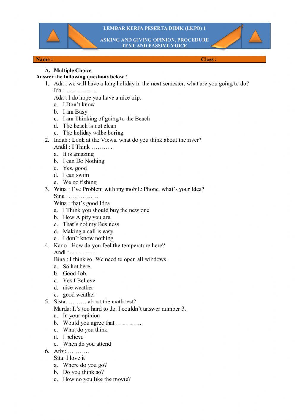 LKPD BAHASA INGGRIS (ASKING - GIVING OPINION, PROCEDURE TEXT, PASSIVE VOICE