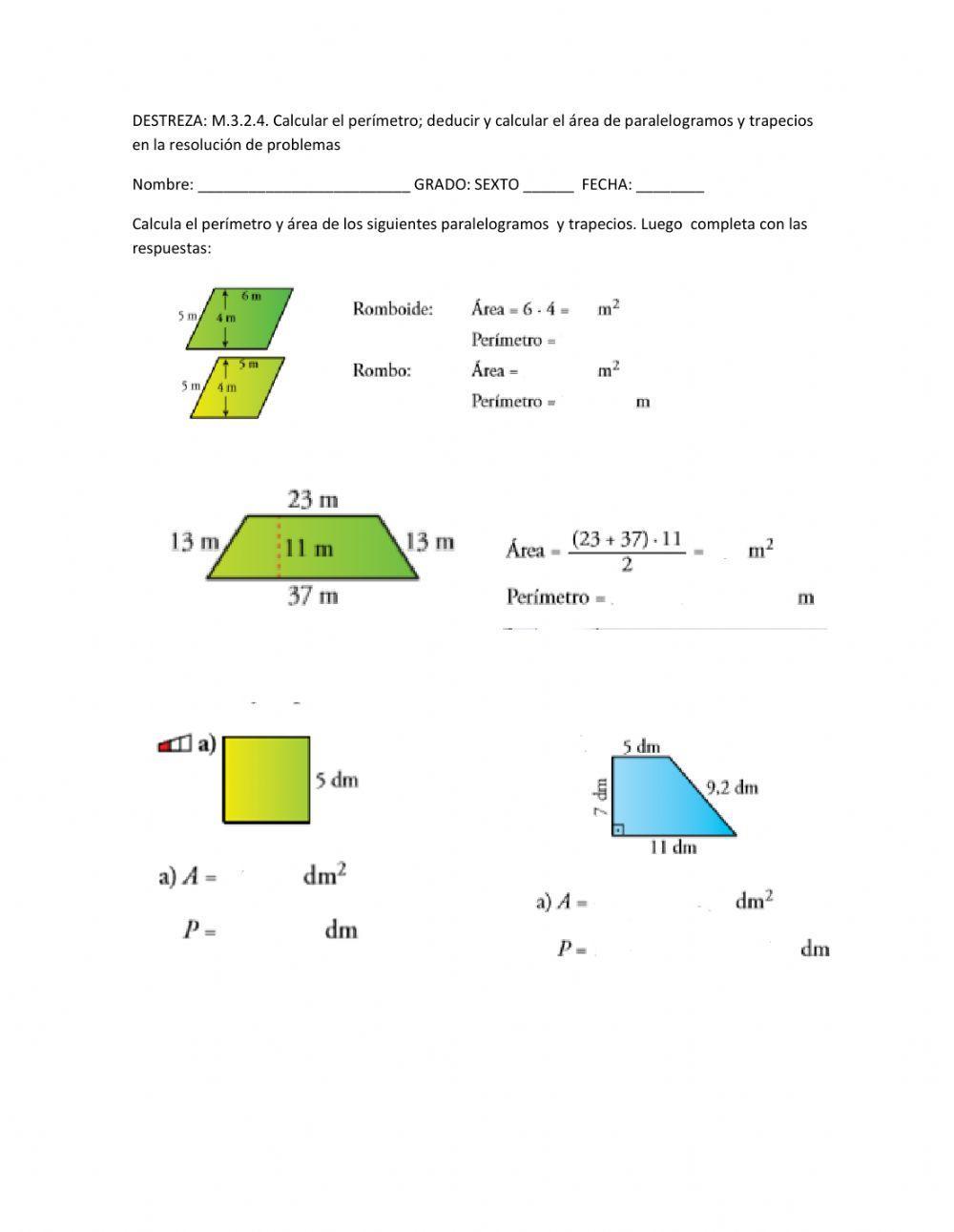Perímetros y áreas de paralelogramos y trapecios