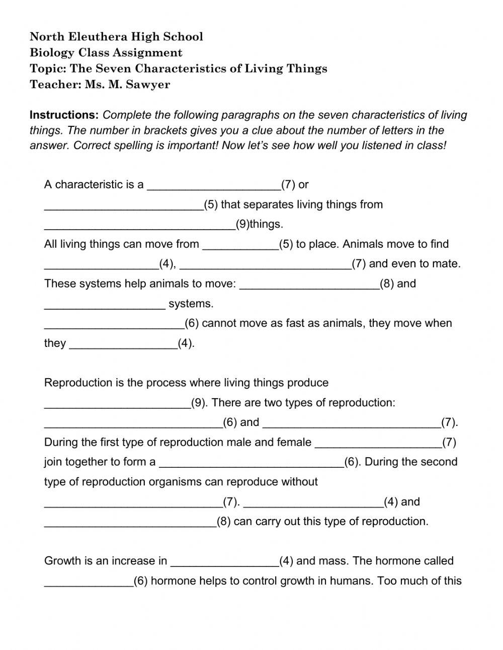 Characteristics of Living Things online worksheet Live Worksheets