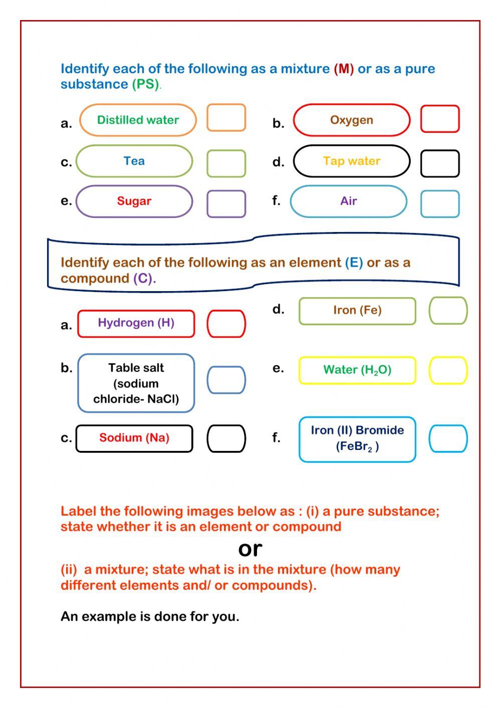 Pure Substances vs Mixtures online exercise for Live Worksheets
