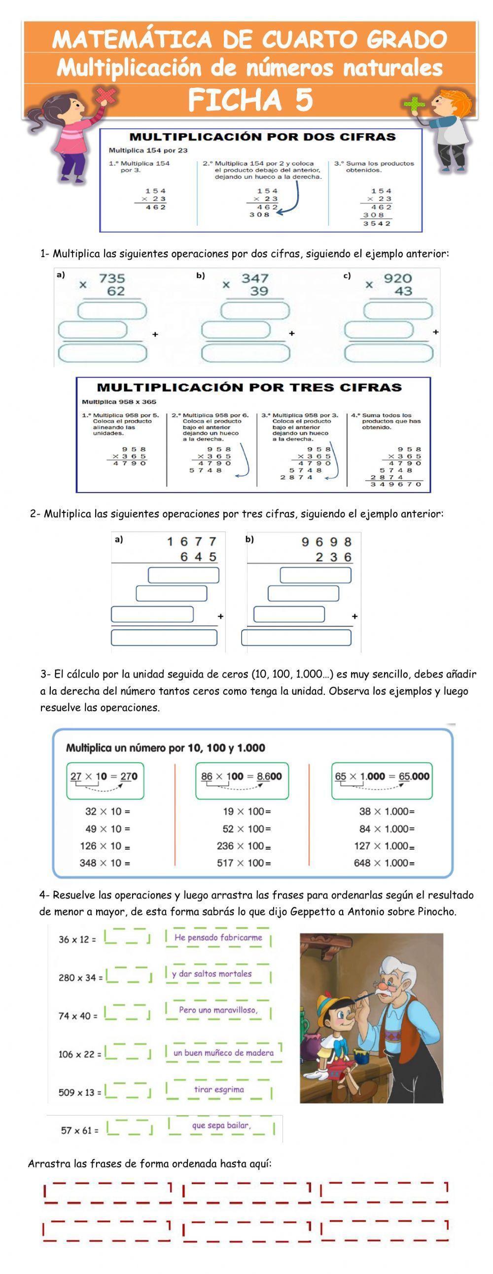 Multiplicación de números naturales por dos y tres cifras