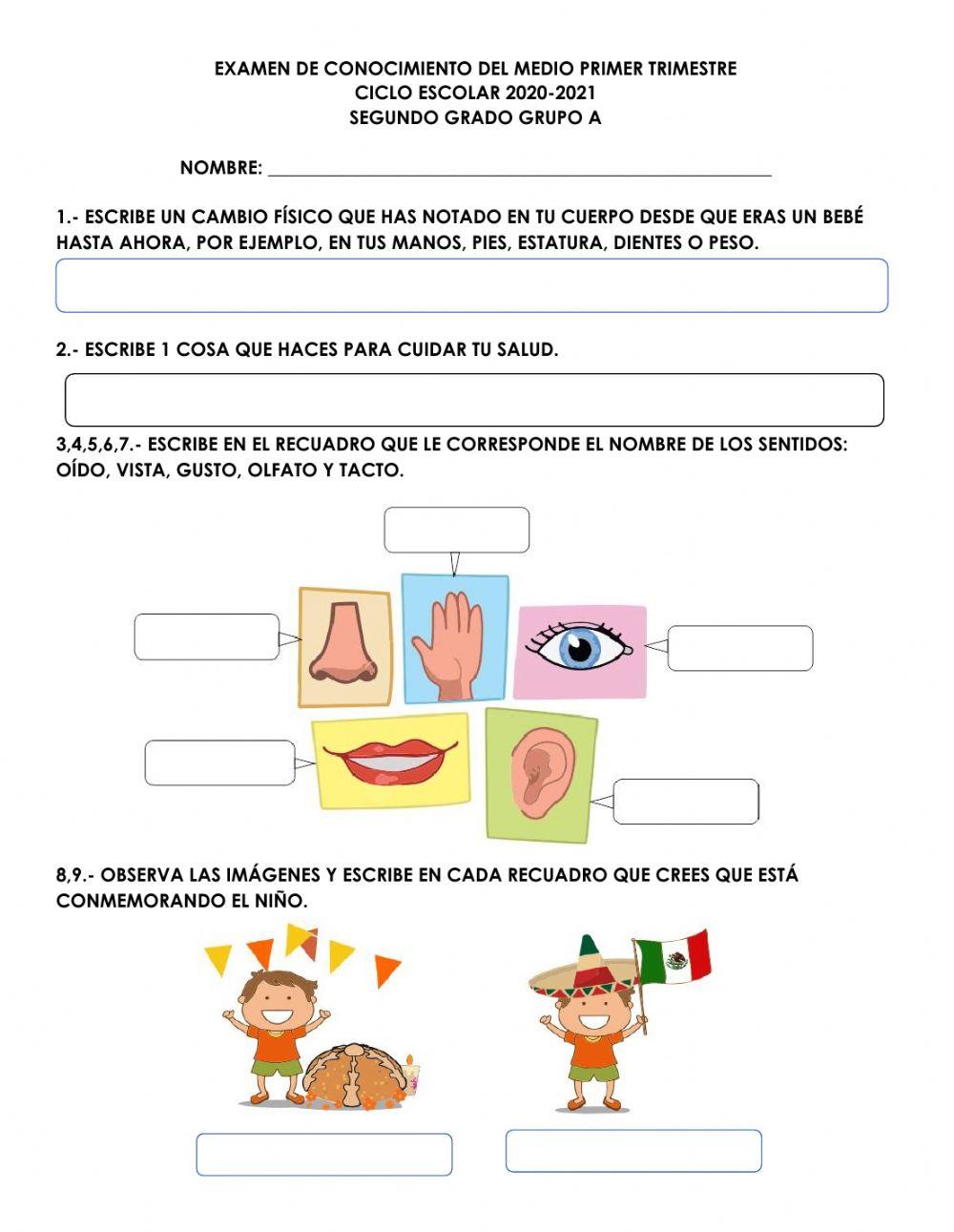 Conocimiento del medio evaluación primer trimestre 2° grado grupo A