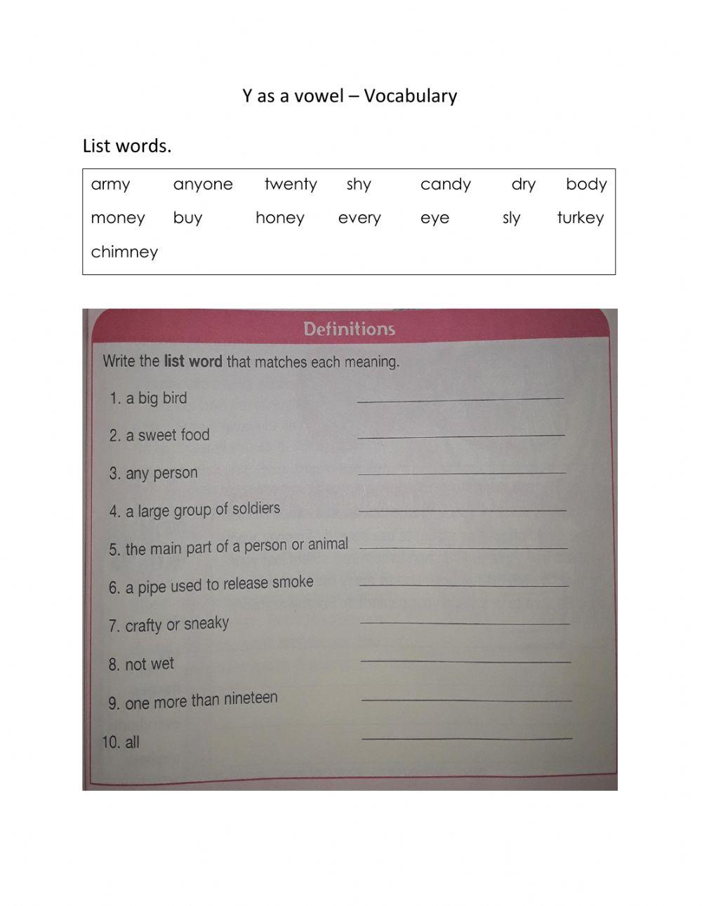 Y as a Vowel - Vocabulary