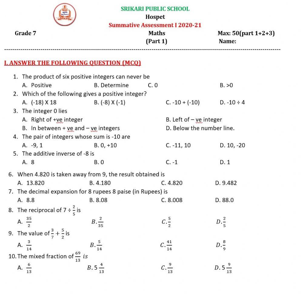 Srikari Public School VII std Maths SA 1 Part 1