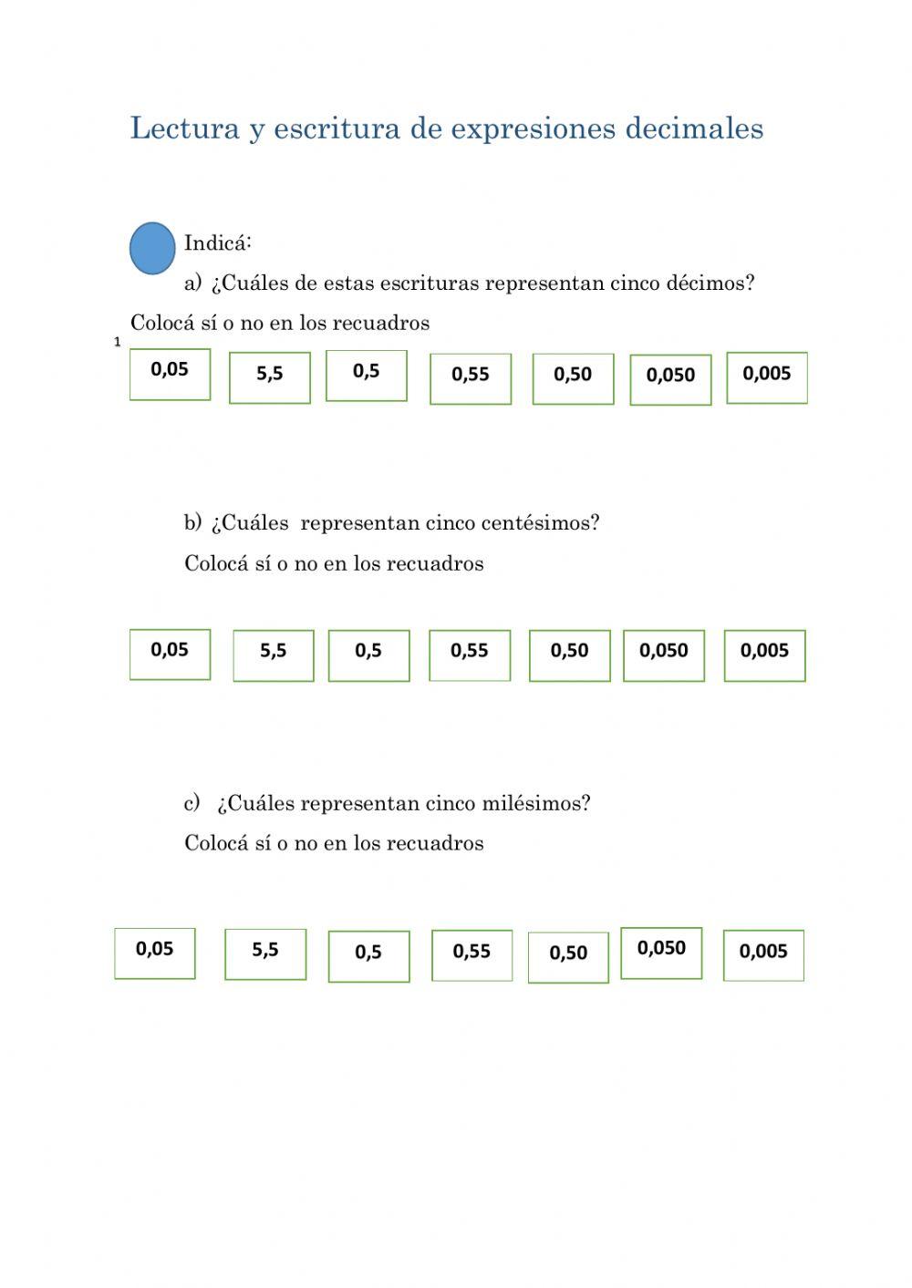 Lectura y escritura de decimales