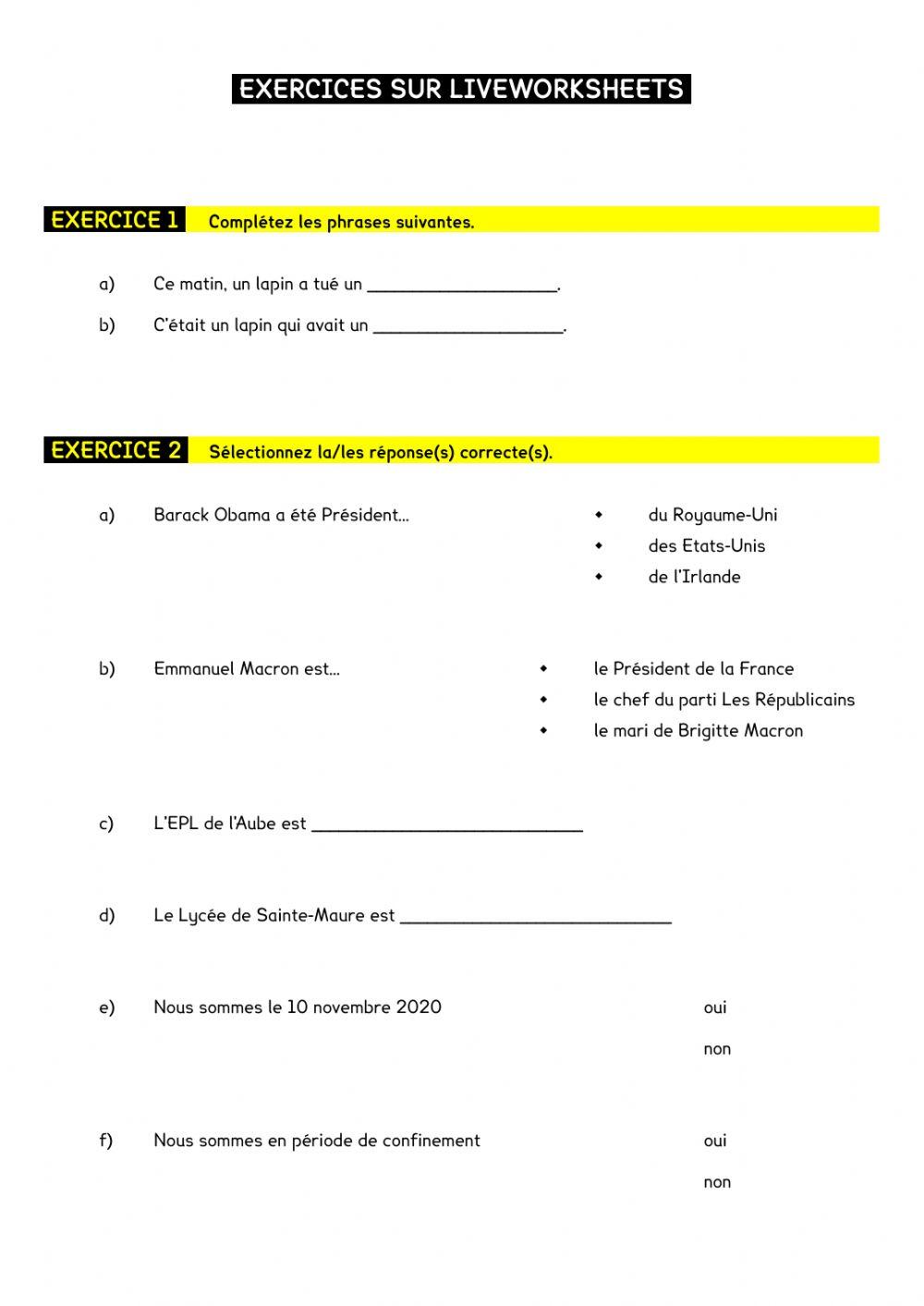 Exercices liveworksheets