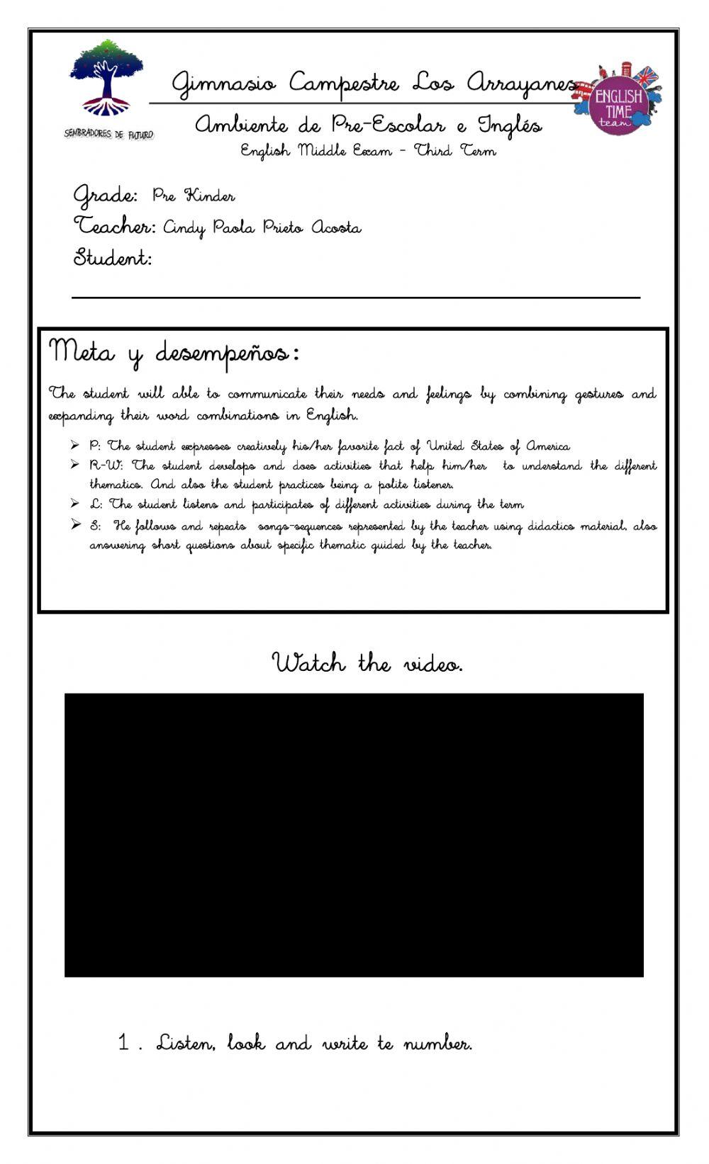 English - Third Term Final Exam Pre Kinder