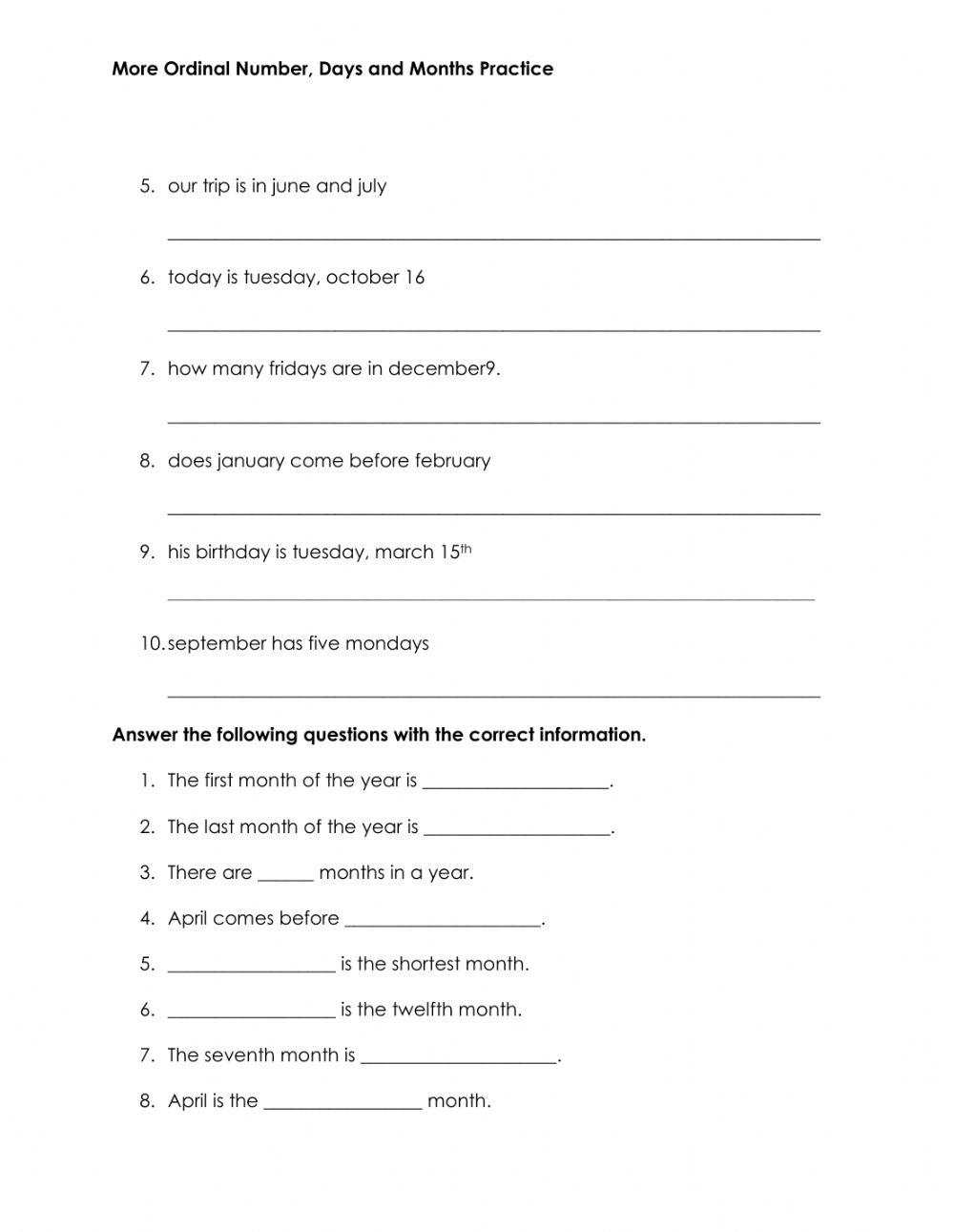 Days, Months, Ordinal Number Practice