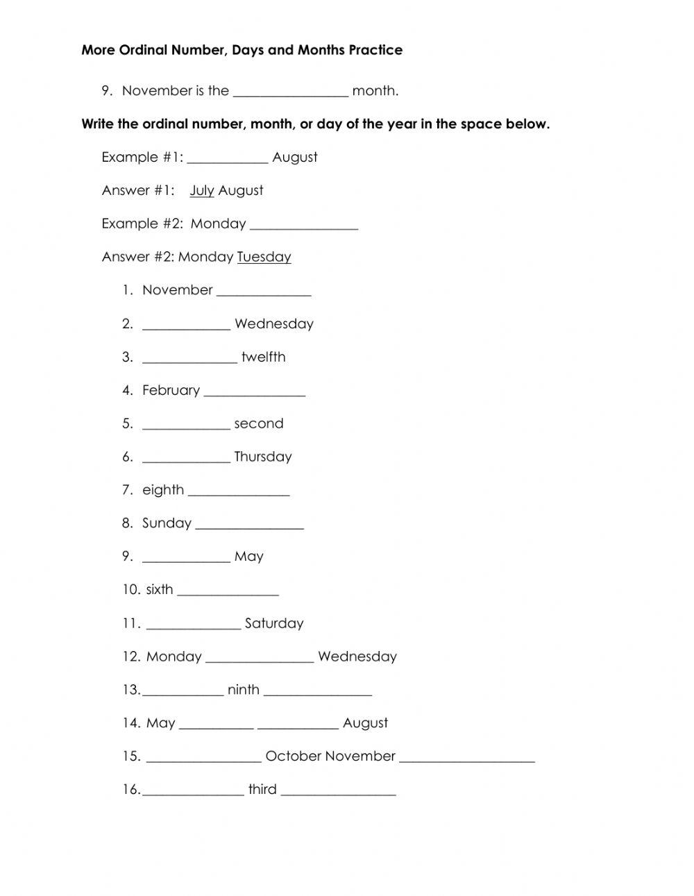 Days, Months, Ordinal Number Practice