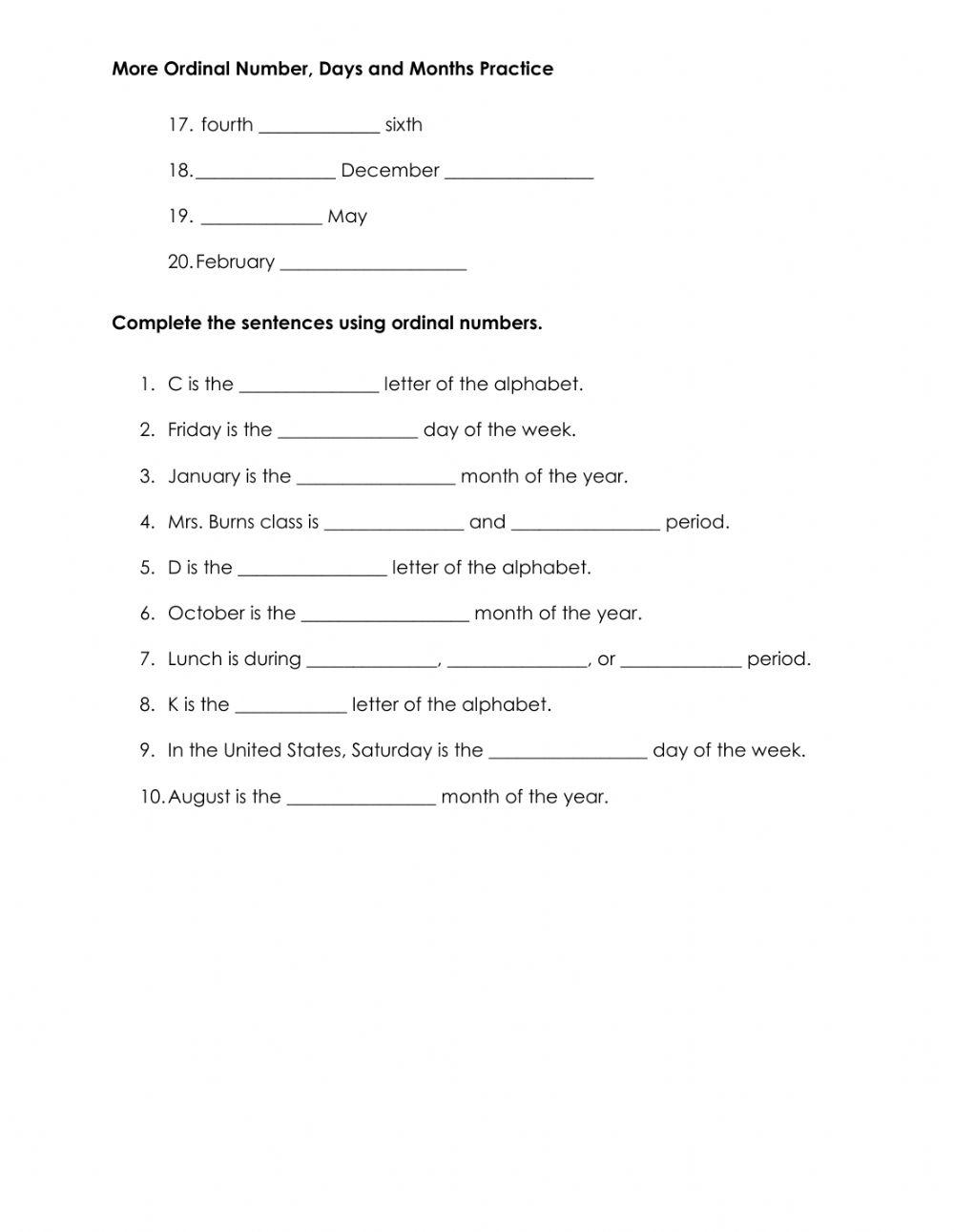 Days, Months, Ordinal Number Practice