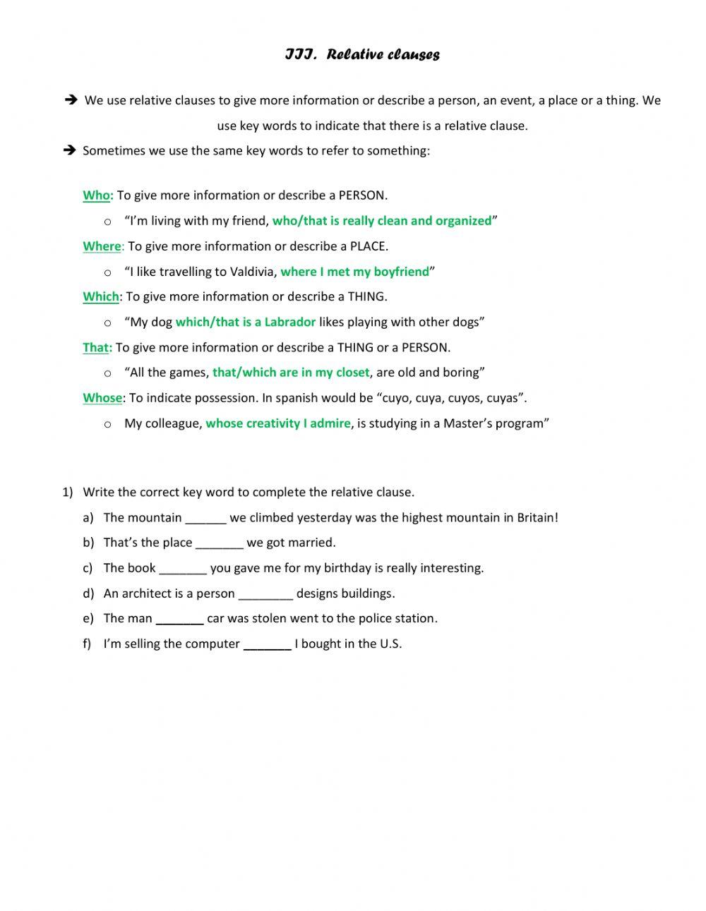2 stars. Reported speech, relative clauses and conjunctions worksheet ...