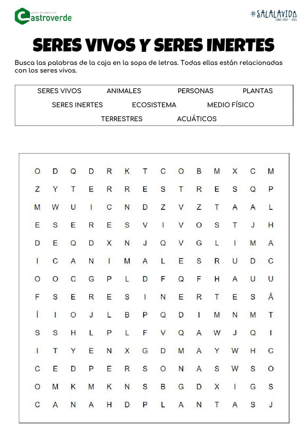 Sopa de letras Seres vivos e Inertes. CE Castroverde Sopa de letras Seres vivos e Inertes. CE Castroverde