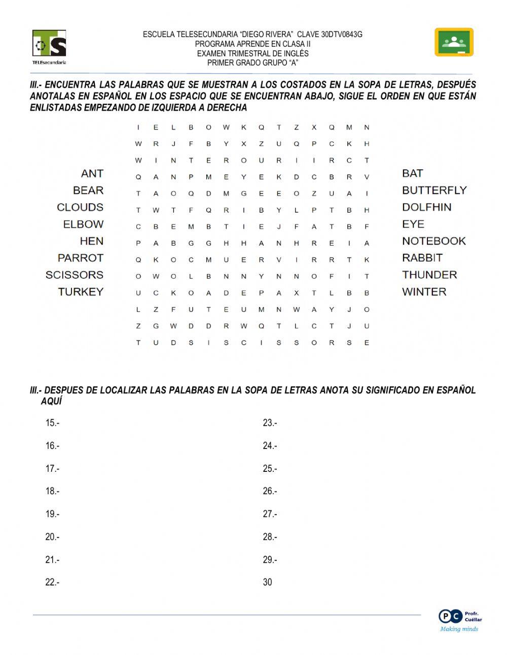 Examen de inglés primer trimestre