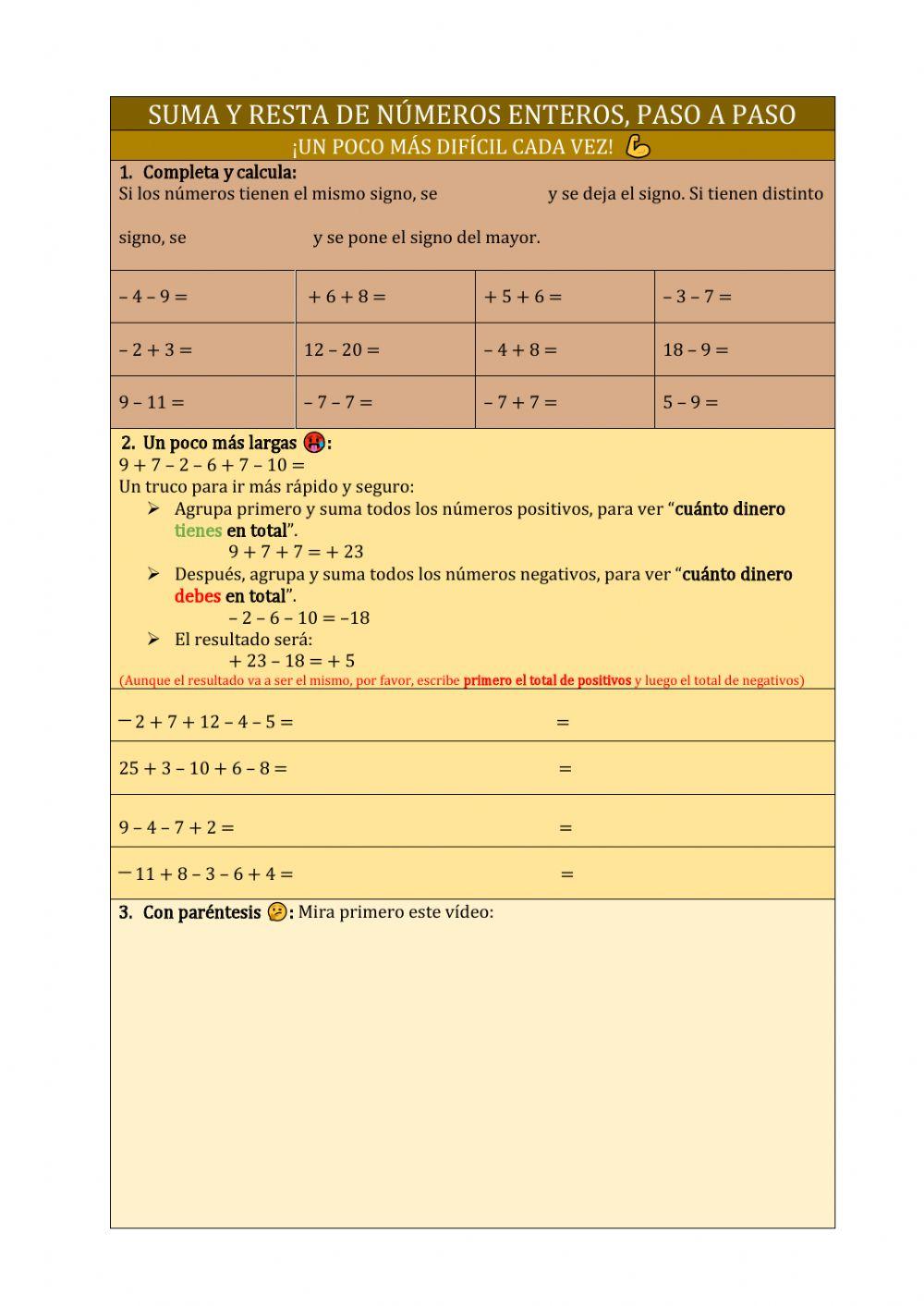 SUMAS Y RESTAS NÚMEROS ENTEROS, PASO A PASO