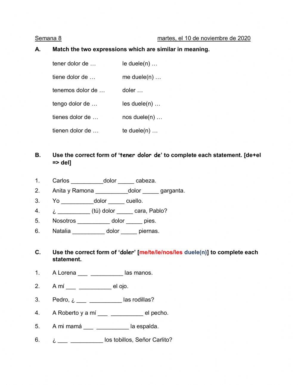 Tener dolor de vs doler online exercise for live worksheets