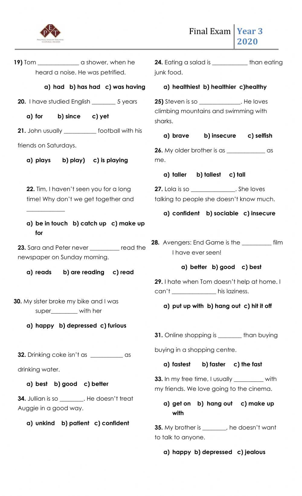 Year 3 final exam 2020