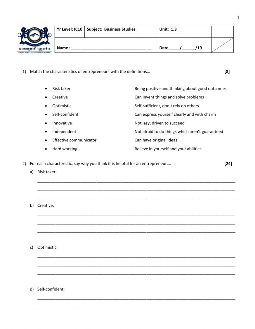 IGCSE Business Studies - Entrepreneurs