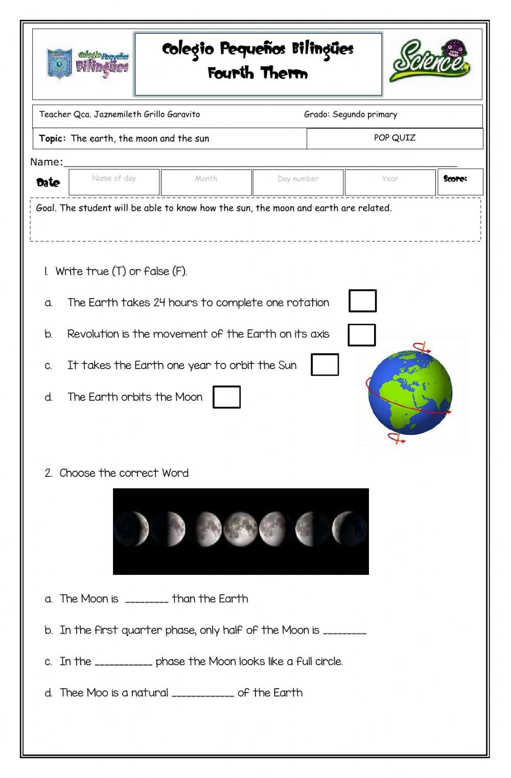 Pop quiz - Earth,Sun and Moon -second grade- fourth term -2020