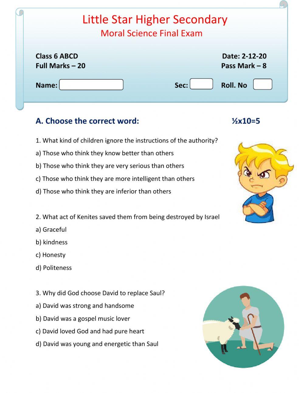 Moral Science Class 6 Final Exam Online Exercise For Live Worksheets moral-science-class-6-final-exam-online-exercise-for-live-worksheets