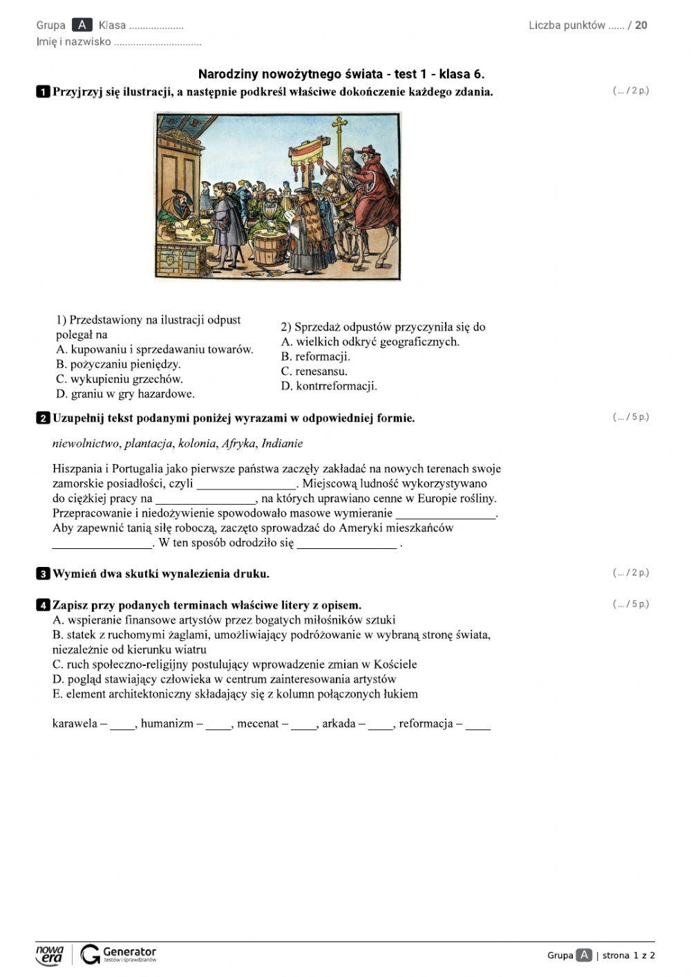 Wczoraj I Dziś Klasa 6 Narodziny Nowożytnego świata 4496610 | Narodziny nowożytnego świata - klasa 6 - 1 test